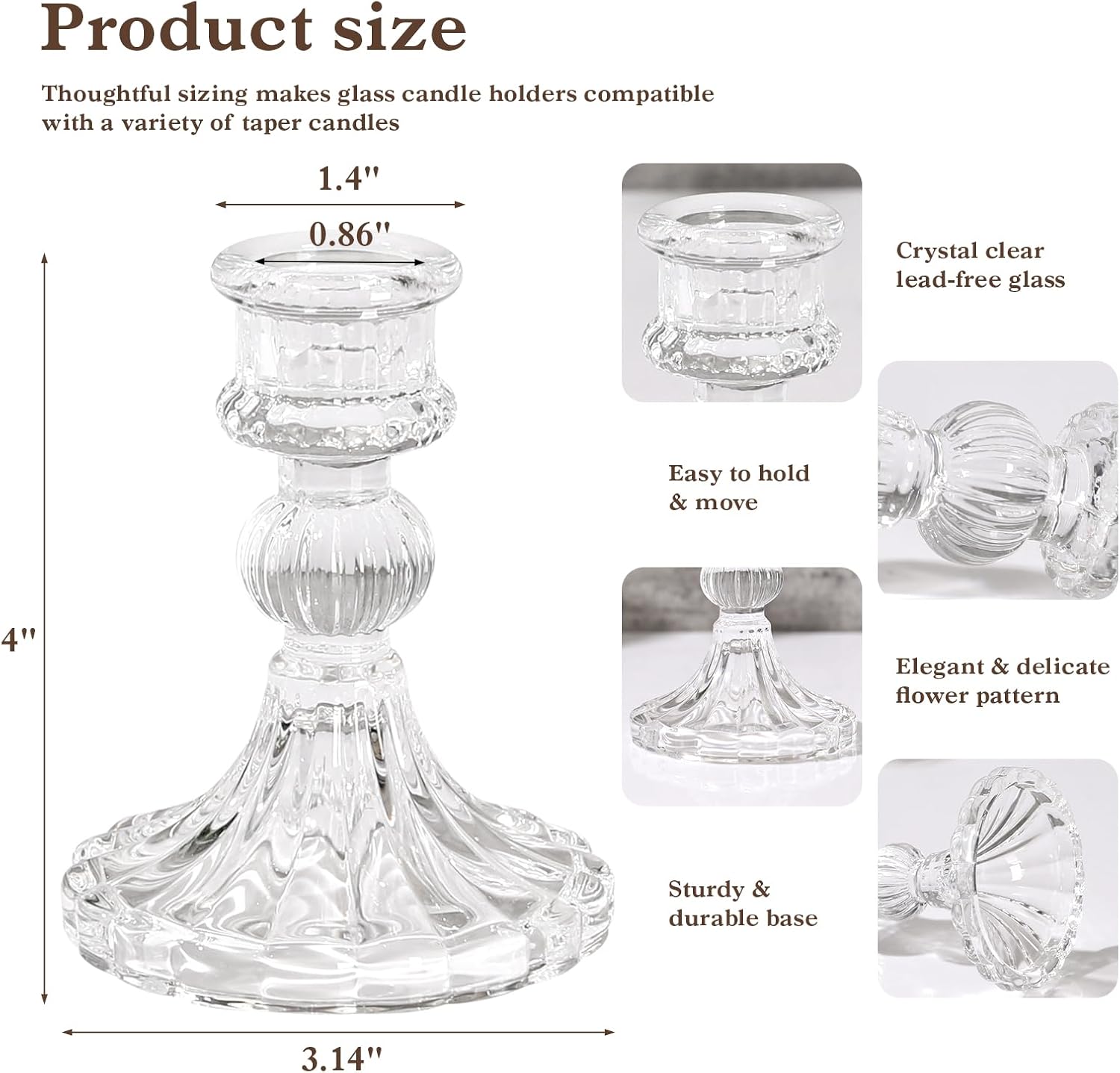 6 Pcs Clear Glass Taper Candle Holders – 4 Ribbed Candlestick Holders for Standard Candles | Elegant Centerpiece for Wedding, Party, Holiday & Home Decor