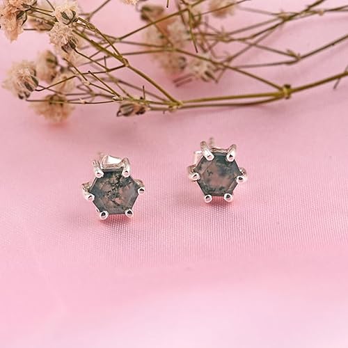 Miniatura 5 de Hexagon Cut moss agate studs, Natural moss agate earring, moss agate earring, nature earrings, 925 sterling silver stud,moss jewelry Free Ship