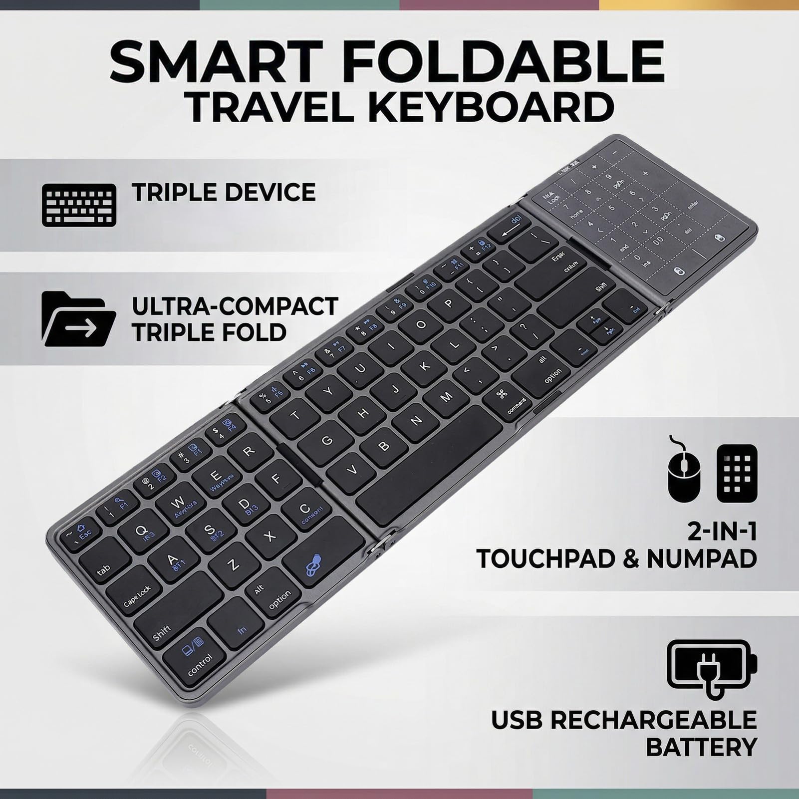 VBESTLIFE Tastiera Pieghevole, Tastiera Portatile Wireless Bluetooth 5.3 con Trackpad Multitouch e Tastierino Numerico, per Smartphone Tablet Laptop PC