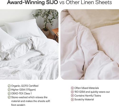 Miniatura 7 de Sijo - Juego de sábanas de lino francés lavado a la piedra, 3 o 4 piezas, 2 fundas de almohada, 1 sábana bajera ajustable y 1 sábana plana opcional