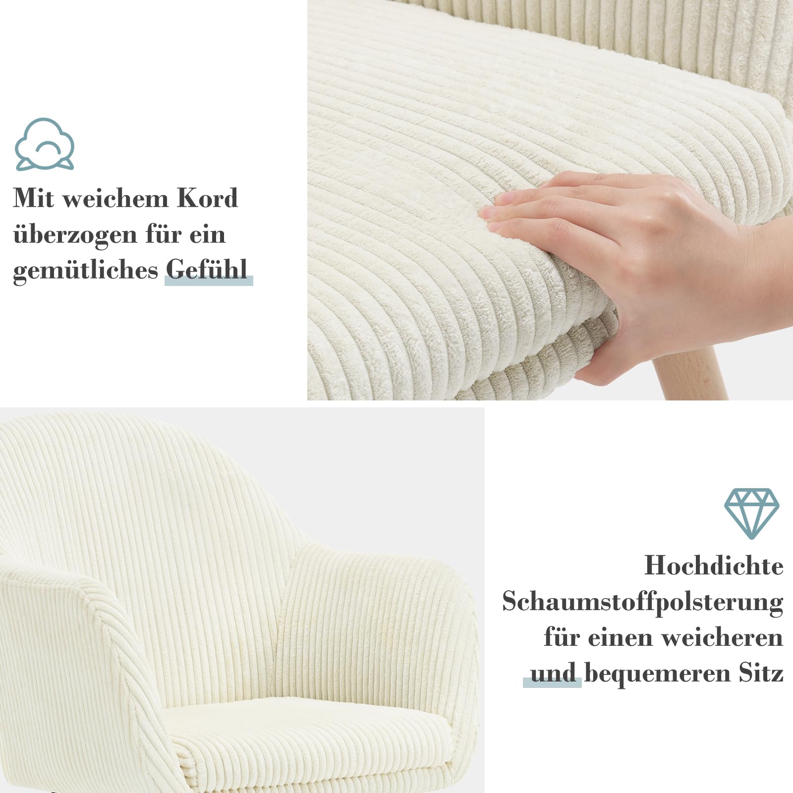 WOLTU Esszimmerstühle 2er Set, für Schlafzimmer Küche Wohnzimmer, Küchenstühle gepolstert Modern, mit Armlehnen, Massivholzbeinen, Sitzfläche aus Cord, Cremeweiß