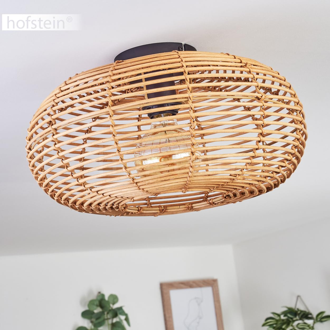HOFSTEIN Deckenleuchte Mulstrand, Deckenlampe aus Metall/Bambus in Schwarz/Natur, runde Leuchte im Boho-Design Ø 40 cm, Lichteffekt durch Gitter-Optik, E27, Esszimmmer, Schlafzimmer, Wohnzimmer, Küche
