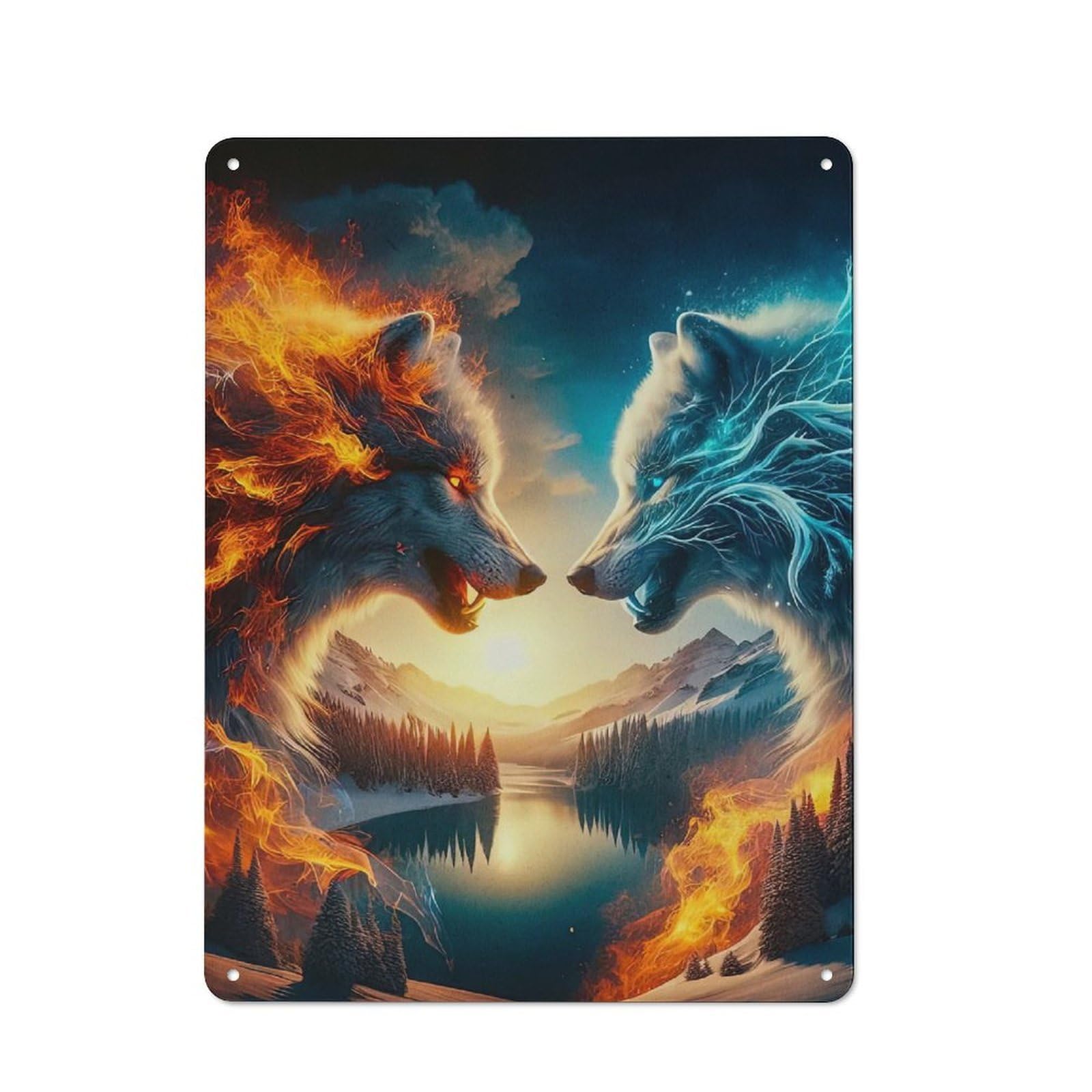 Fire And Ice Wolves Printed Metal Sign 40x30cm for Café Or Home Bar, Housewarming Wall Decor for People Furnishing Café And Home Bar