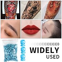 Vista 5 de Tapas de tinta para tatuajes 200 piezas, desechables, tazas de plástico con forma de calavera para maquillaje, cejas, delineador de labios, con Azul