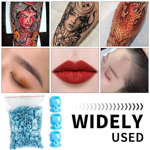 Miniatura 5 de Tapas de tinta de tatuaje, vasos desechables de tinta de tatuaje de calavera, 200 unidades, tapas de tinta de plástico para tatuajes, maquillaje,