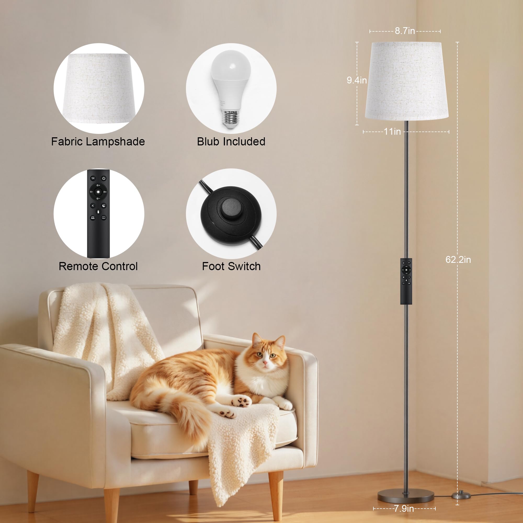 SIBRILLE LED Leselampe Stehlampe, 9W Stehlampe mit Fernbedienung&Fußschalter, 3000K-6000K Deckenfluter LED Stehleuchte für Wohnzimmer Schlafzimmer Büro,Höhe 159cm mit Leinen-Lampenschirm&LED-Lampen