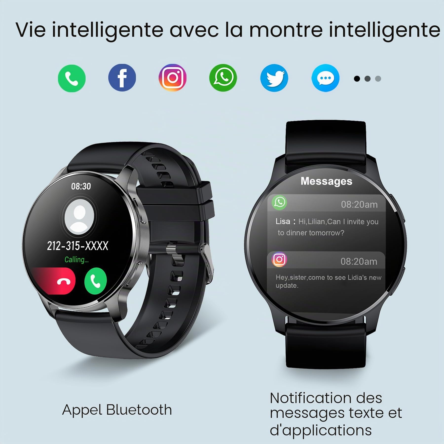 Montre connectée pour homme et femme, 1,32 pouces, suivi d'appels et de messages, 20 modes sportifs, podomètre, moniteur de fréquence cardiaque