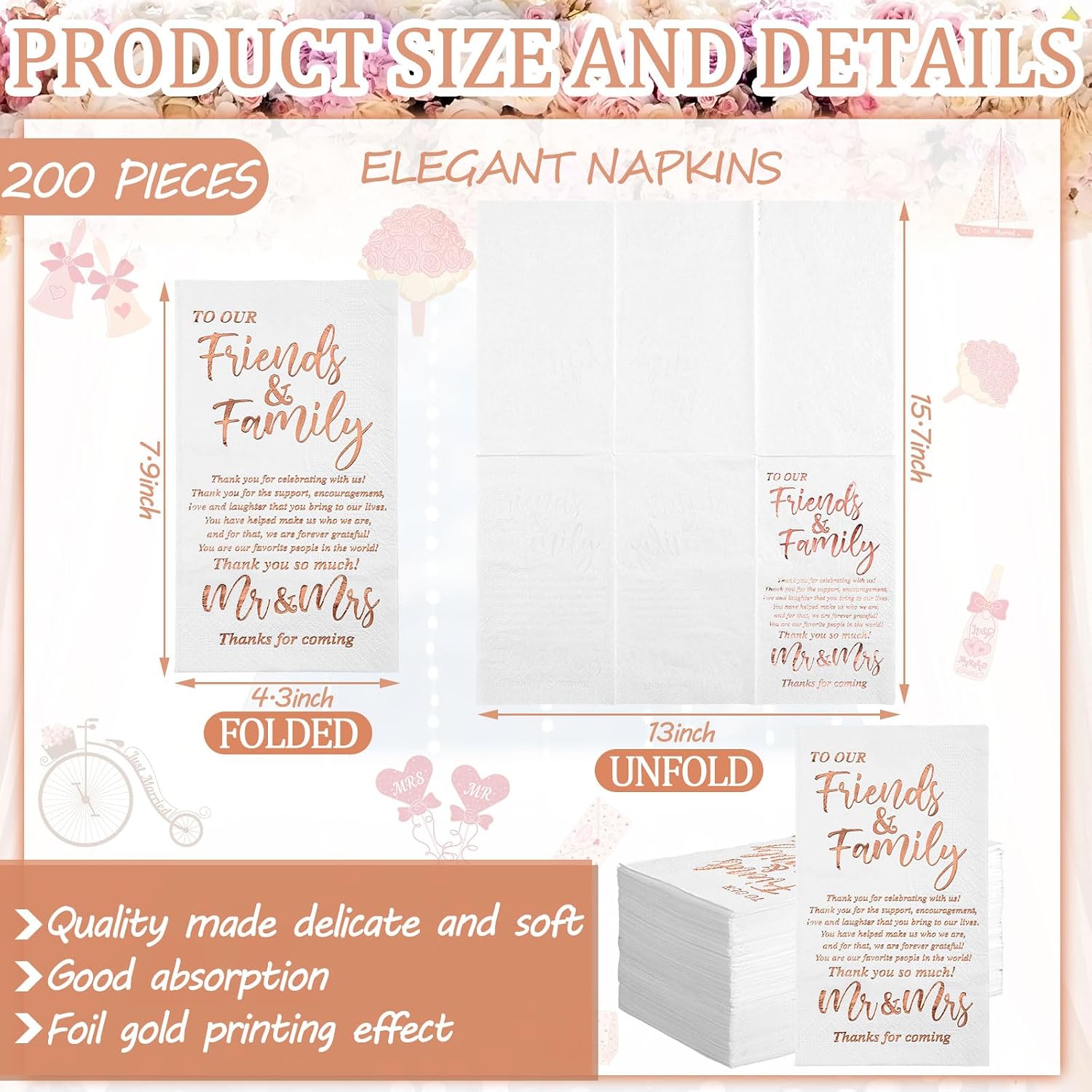 Hotop 200 Pcs Rose Gold Wedding Napkin Mr & Mrs Dinner Napkin for Reception image 3