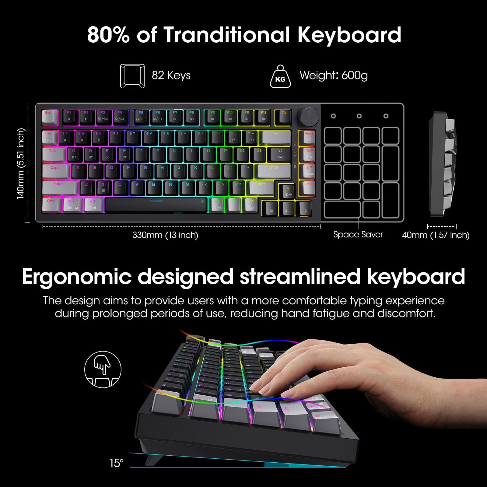 KOORUI 75% Wireless RGB Gaming Keyboard,3 Mode BT/2.4Ghz/USB-C Hot Swappable Mechanical Keyboard,Compact 82 Keys with 4000mAh Battery & Dedicated Knob Control,Linear Red Switch