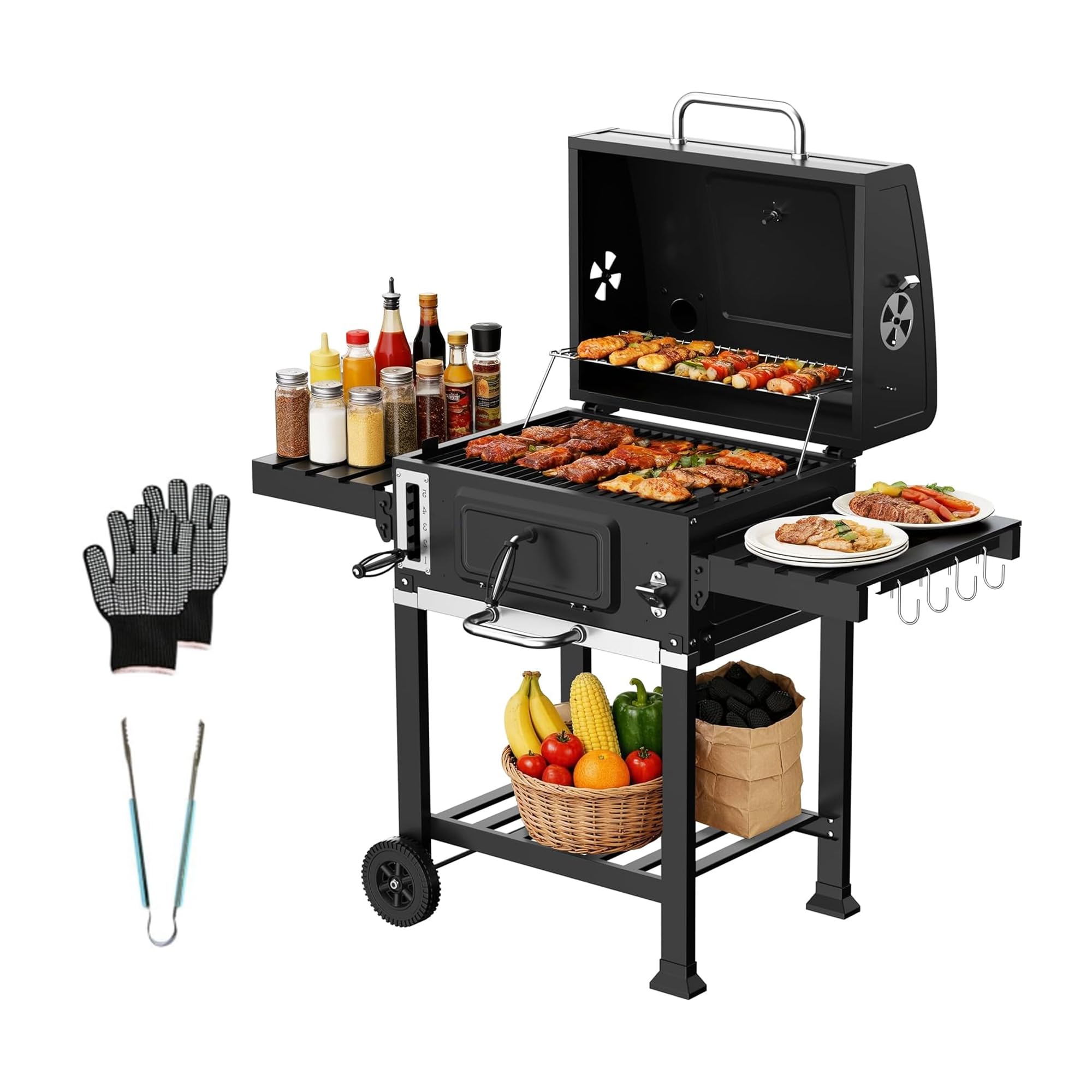 TEENO Charcoal BBQ,XXL Cooking Car,Barbecue with Lid,Thermometer, Anti-Heat Gloves, Fireplace and Integrated Bottle Opener, Smoke Large Model for Charcoal Barbecue