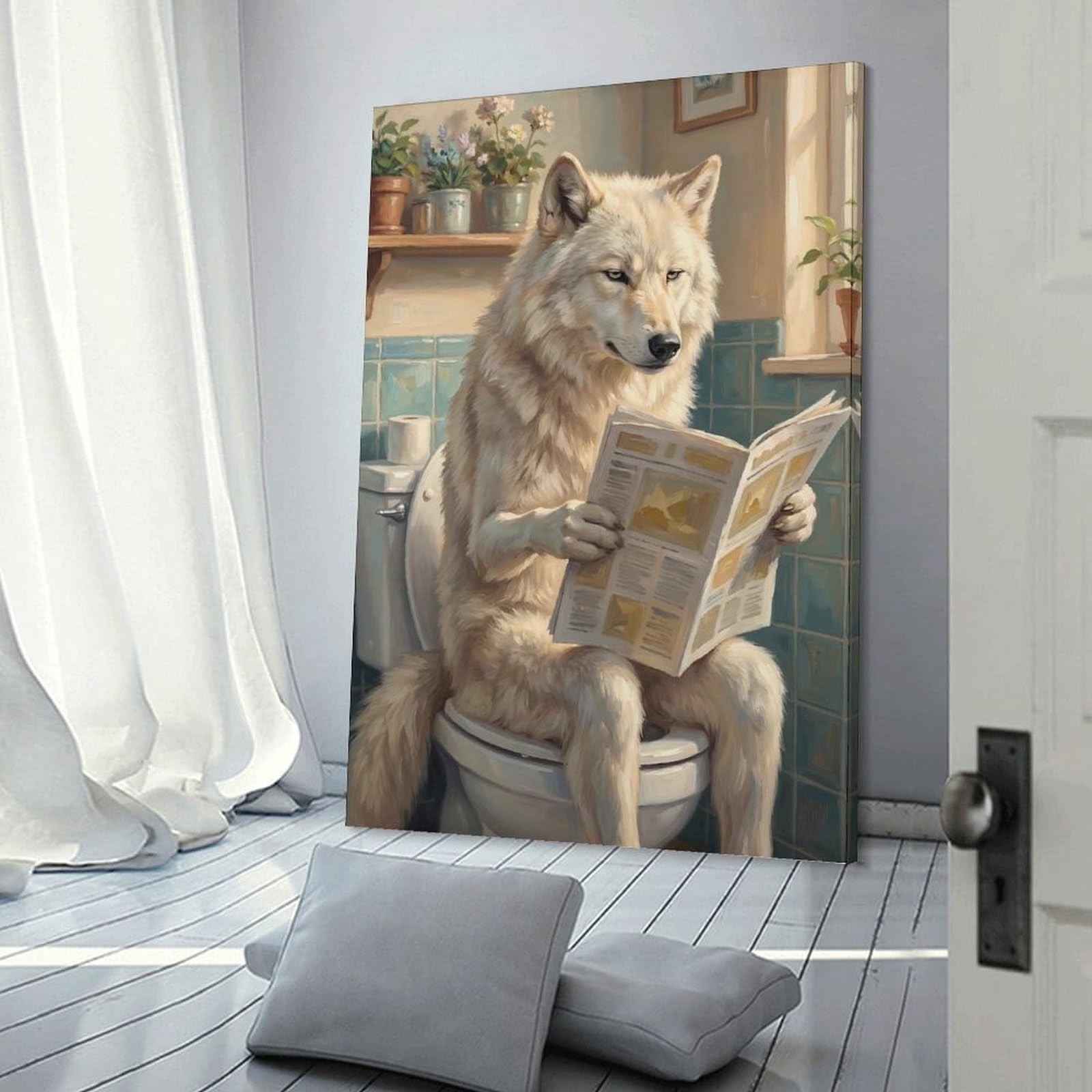 Junmoney Frame-Style-4-1 Canvas Wall Picture Arctic Wolf Reading Newspaper On Toilet, 12X18inch(30X45cm), For Home Lounge, Bedroom Or Reading Nook, A Home Accent With Warm Character
