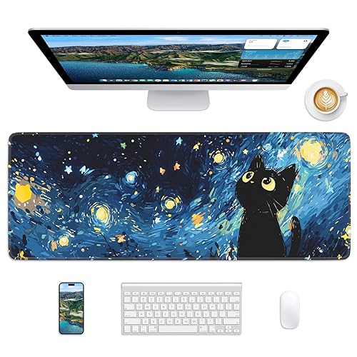 Velluxion Starry Night Cat Mouse Pad, 31.5 x 11.8 Large Desk Mat with Stitched Edges & Non-Slip Base, Mousepad for Office, Home, Work - Starry Cat
