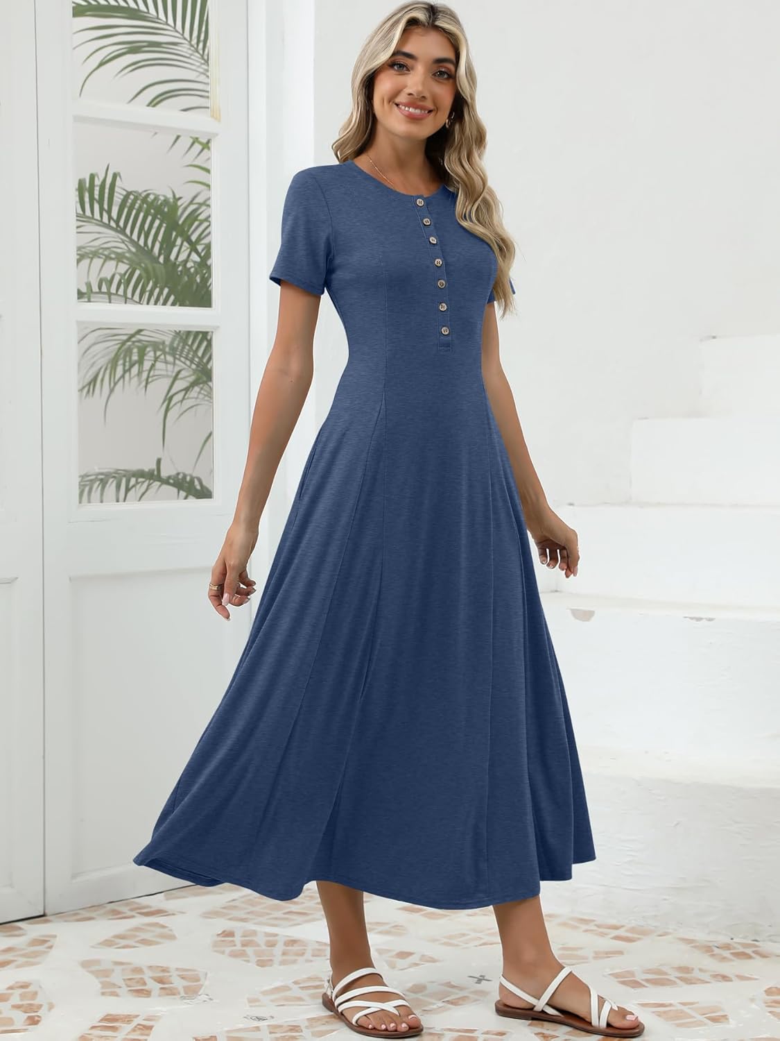 Women's Spring Casual Maxi Dress Short Sleeve Fit and Flare A Line Flowy T Shirt Long Vacation Dresses with Pockets - Image 6