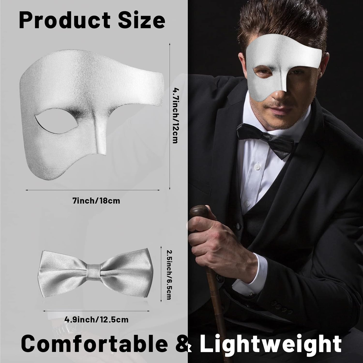 Erythem Masquerade Mask for Men Phantom of The Opera Half Face Mask with Bowtie,Venetian Mask for Halloween Mardi Gras Party - Image 2