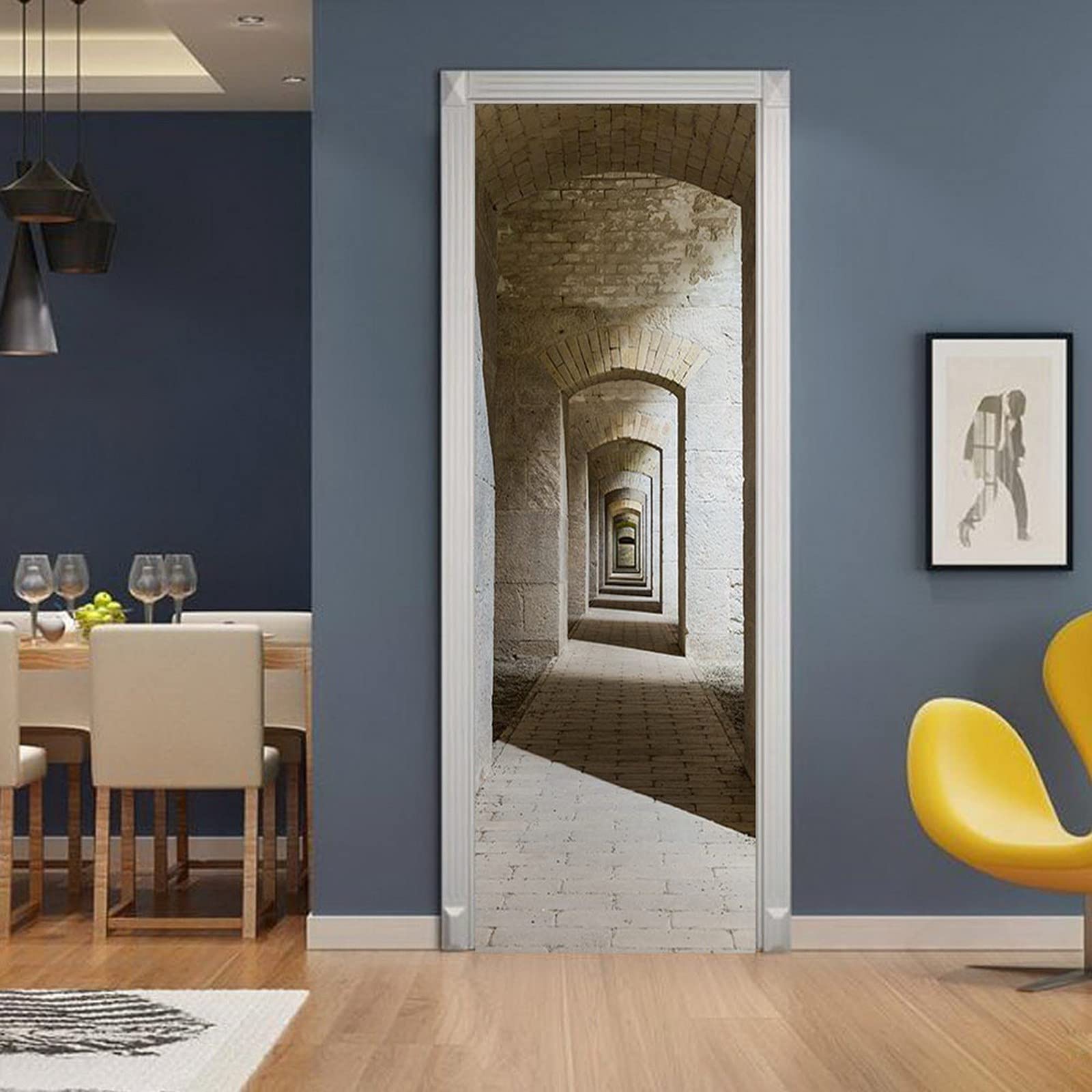 A.Monamour Adesivo Porta Autoadesiva Interno del Tunnel del Castello con Una Serie di Archi Simmetrici in Bastione Fortezza Vinile PVC Adesivi per Porte Pellicola Adesiva Poster Sticker Murale Parete