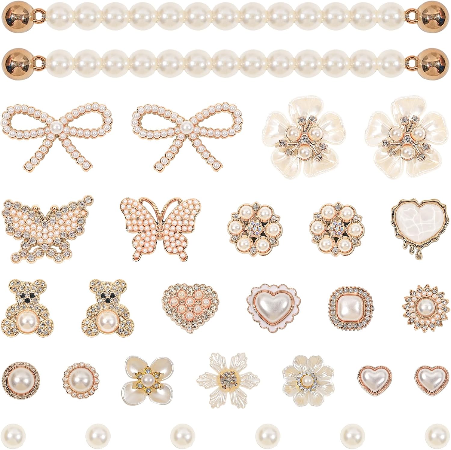 WAQYGZO 30 Pcs Bling Shoe Charms Chains Accessories for Women,Pearl Flower Butterflies Shoe Decoration Charms, DIY Shoes Charms for Clogs Sandals Party Birthday Girls