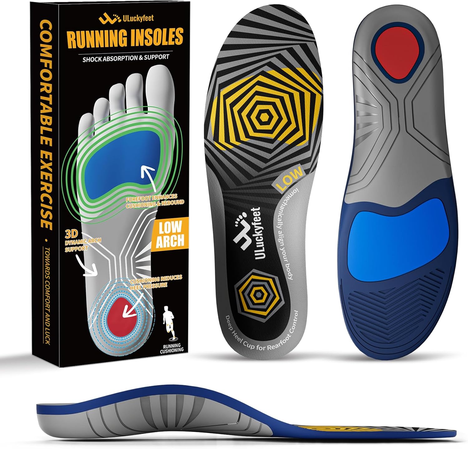 Running Insoles for Men Women & Plantar Fasciitis Relief Shoe Insoles, Extra Shock Absorption Boosts Sports Performance & Arch Support Inserts for Reduce Fatigue -Low Arch Running Shoe Inserts-D
