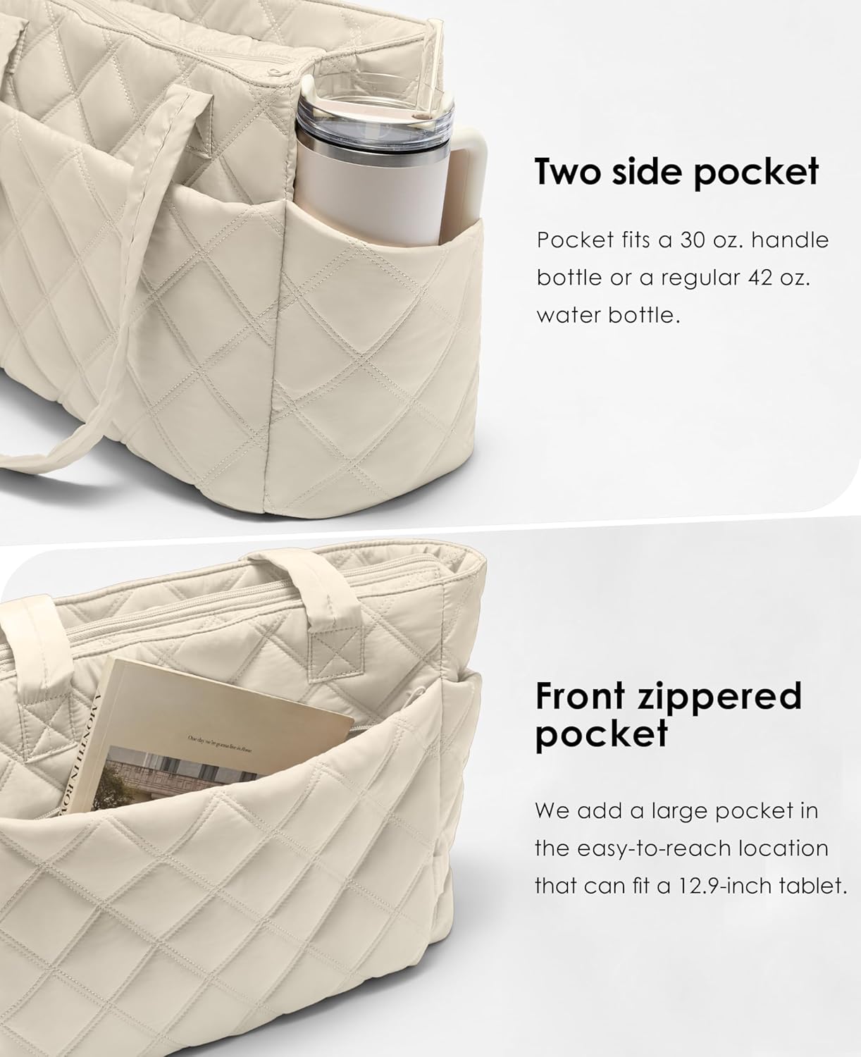Tote Bag for Women, Lightweight Puffer Tote Work Bags with Compartments for Travel, Quilted Shoulder Bag with Zipper - Image 3