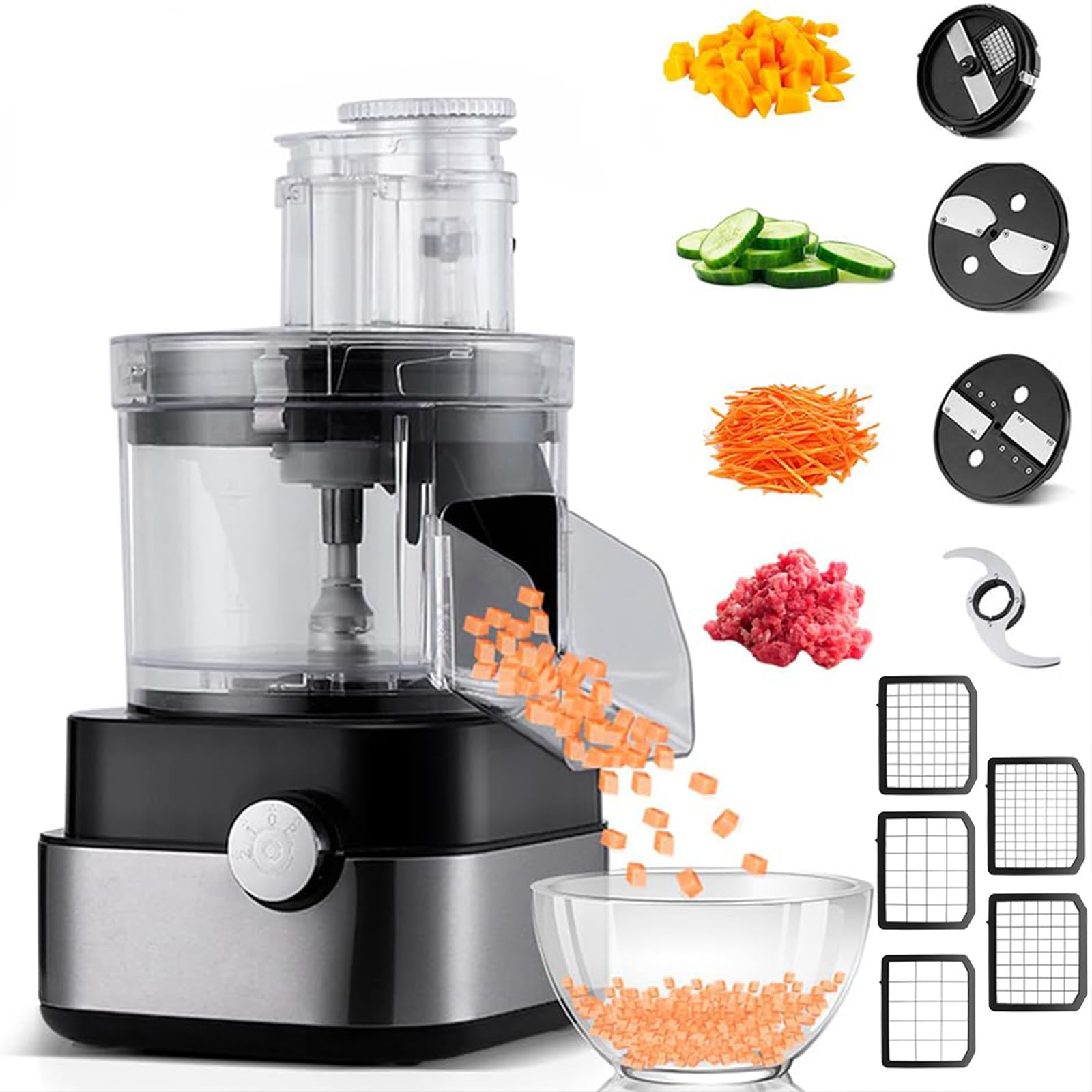 Cortador y Picador Eléctrico 9-en-1 – Procesador de Alimentos Comercial de 600W con 5 Cuchillas para Rallar, Cortar en Rodajas, Dados & Carne Picada, Capacidad de 20 Tazas para Cebolla, Zanahorias