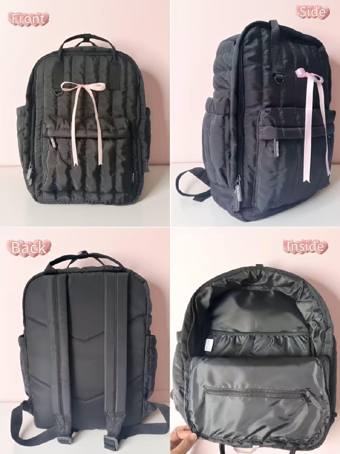 Cute Puffer Laptop Backpack,Black Quilted Casual Daypack with Bow,Puffer Backpack for Women,Water-Resistant Bookbag For14Inch Laptop (Quilted)