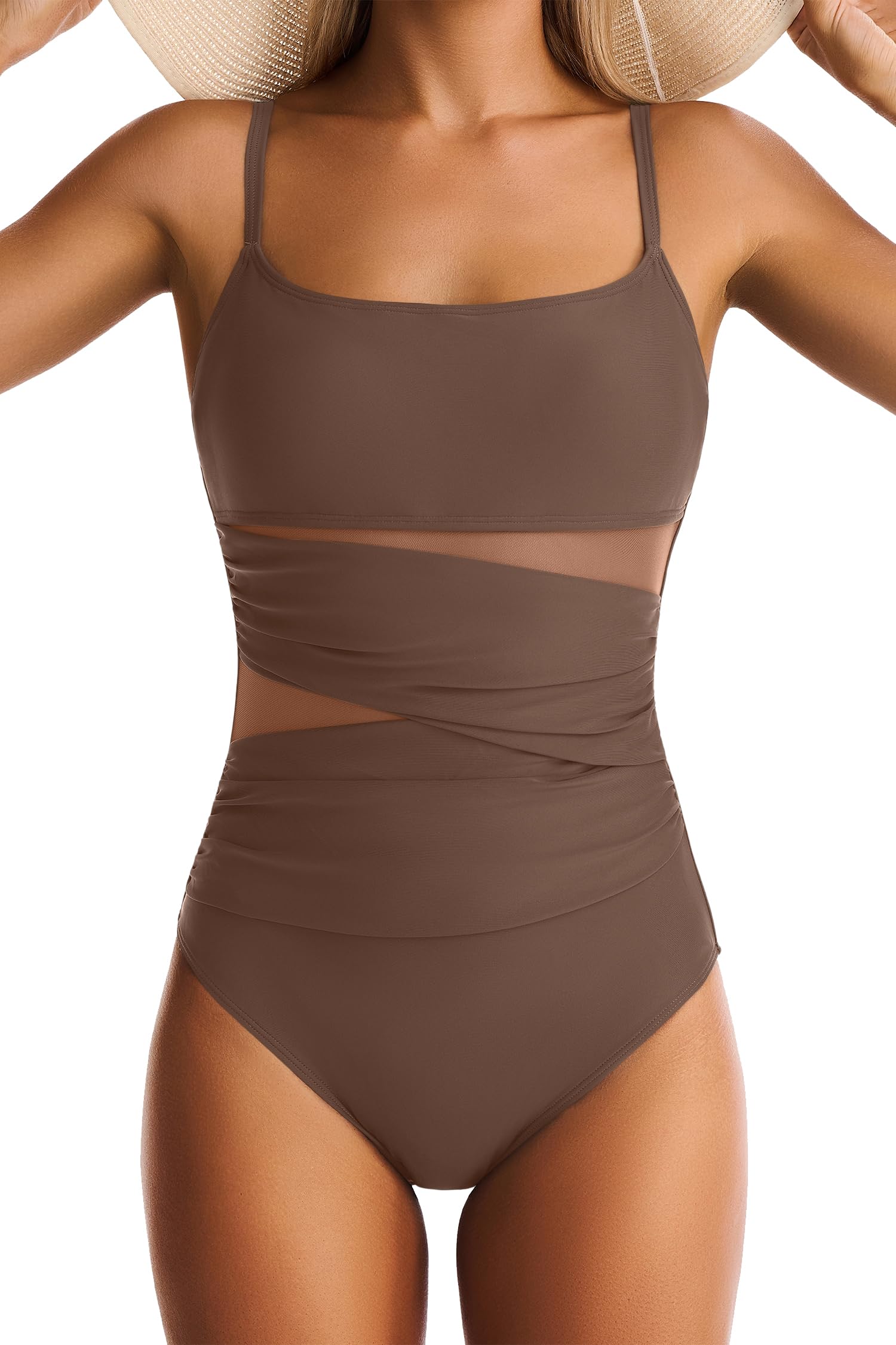 One Piece Swimsuit for Women Tummy Control Mesh Bathing Suits Sexy Push Up Swimsuits Slimming Square Neck Swimwear