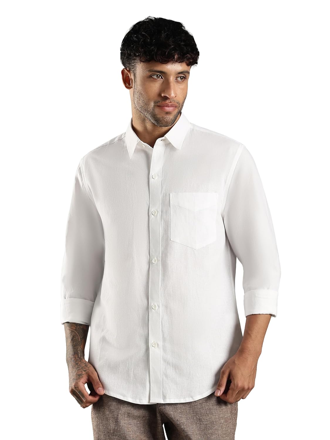 Nuve Regular Fit Cotton-Linen Shirt, Long Sleeves with Adjustable Cuffs, White