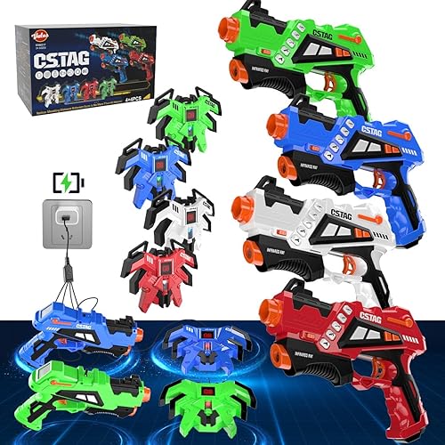 VATOS Pistolas láser para niños, juegos de etiquetas láser infrarrojos conectadas con 4 pistolas 4 chalecos  Juego de etiqueta Lazer mejorado para