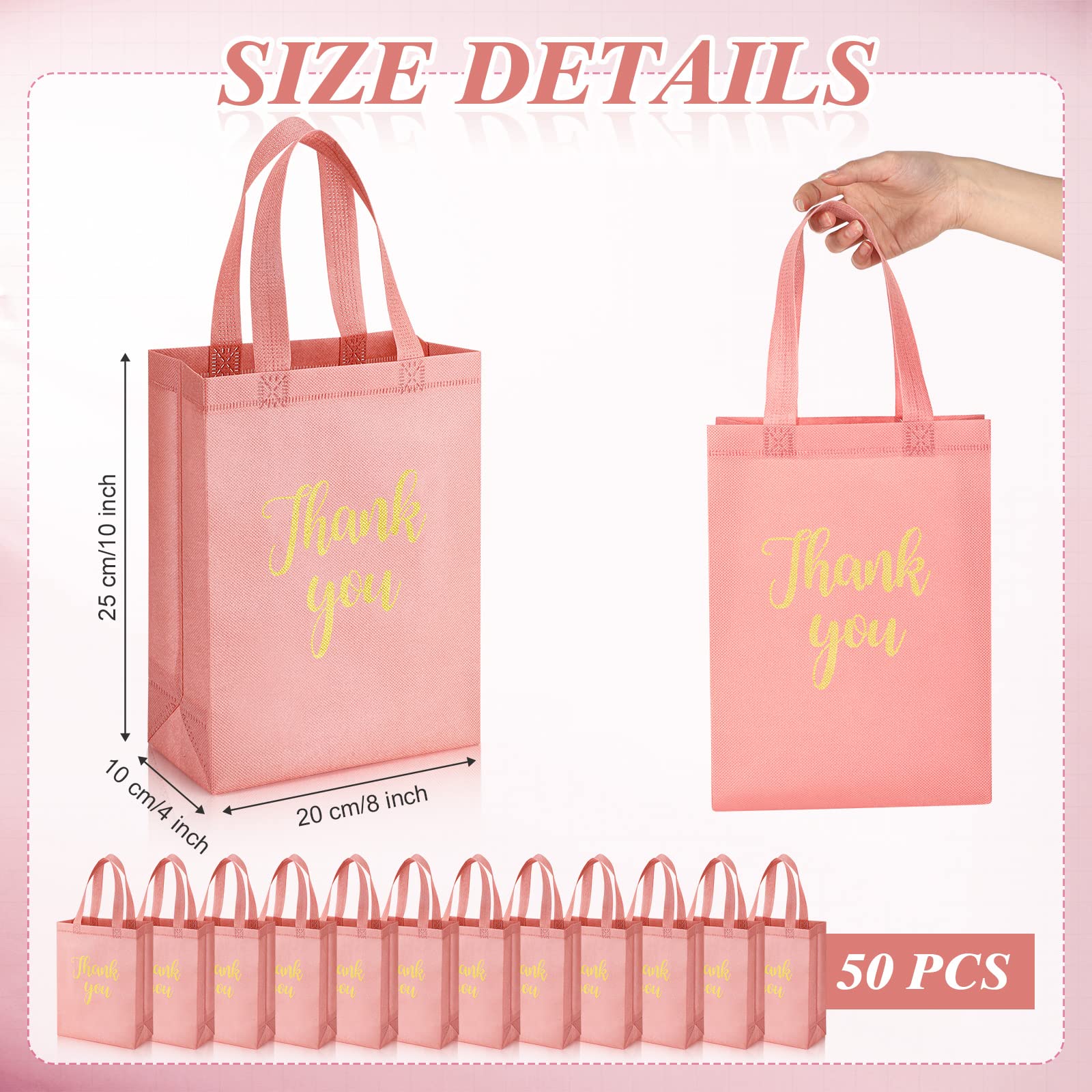 Roowest Lot de 50 sacs à provisions réutilisables non tissés avec poignées (rose, doré)
