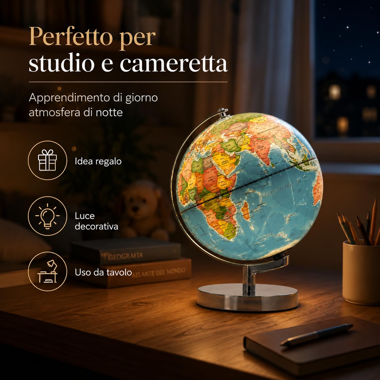 Exerz Mappamondo Illuminato 23cm Mappa Italiana Supporto Metallo LED | Modalità giorno notte con costellazioni senza fili per studio cameretta ufficio bambini dagli 8 anni e regali