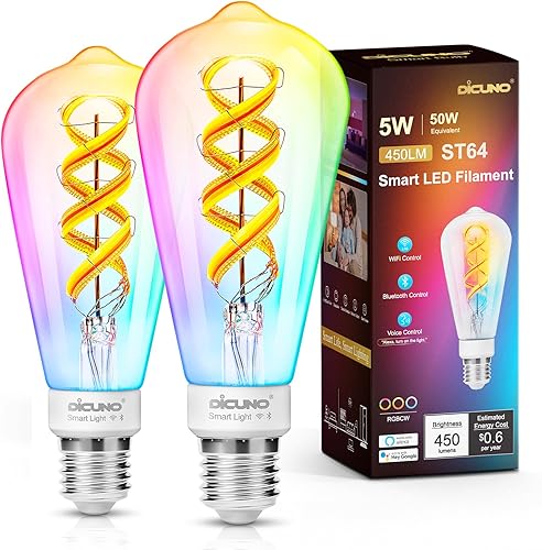 DiCUNO Bombilla inteligente Edison ST64, bombilla inteligente WiFi que cambia de color, bombilla de filamento Vinatge ST64 funciona con Alexa y