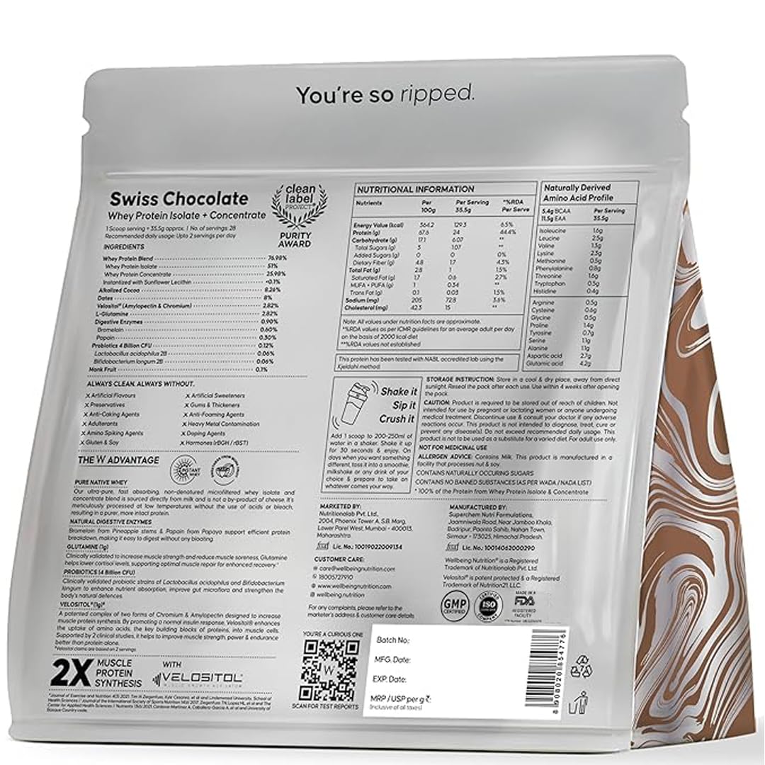 Wellbeing Nutrition Clean Whey Protein Isolate & Concentrate 1Kg Swiss Chocolate | 24g Protein, Clinically Proven Velositol 2x Muscle Protein Synthesis, 4B CFU Probiotics & Digestive Enzymes, Easy to Digest — Amazon image 7