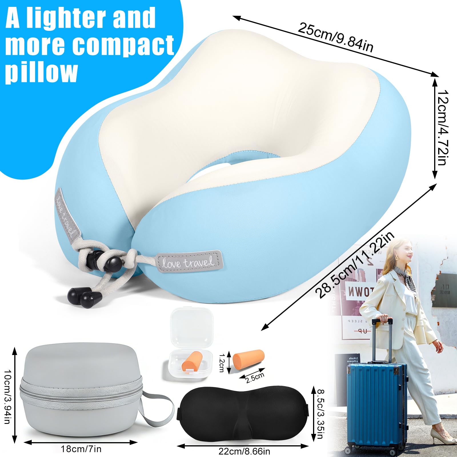 Cuscino da Viaggio Aereo, Cuscino Cervicale Memory Foam Ergonomico a Forma di U con Federa in Ice-Seta, Ideale per Auto Treno Ufficio, Incluso Maschera per Dormire e Tappi per le Orecchie