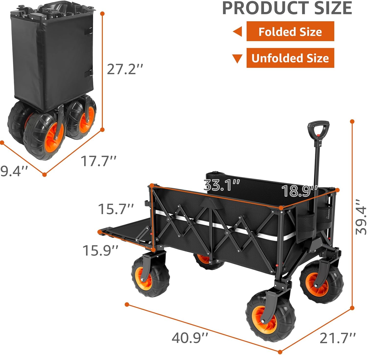 Collapsible Wagon Heavy Duty Foldable 200L Large Garden Utility Cart, 10" Big Wheels All Terrain, 800lbs Collapsible Wagons Carts with Extended Tailgate for Camping Beach