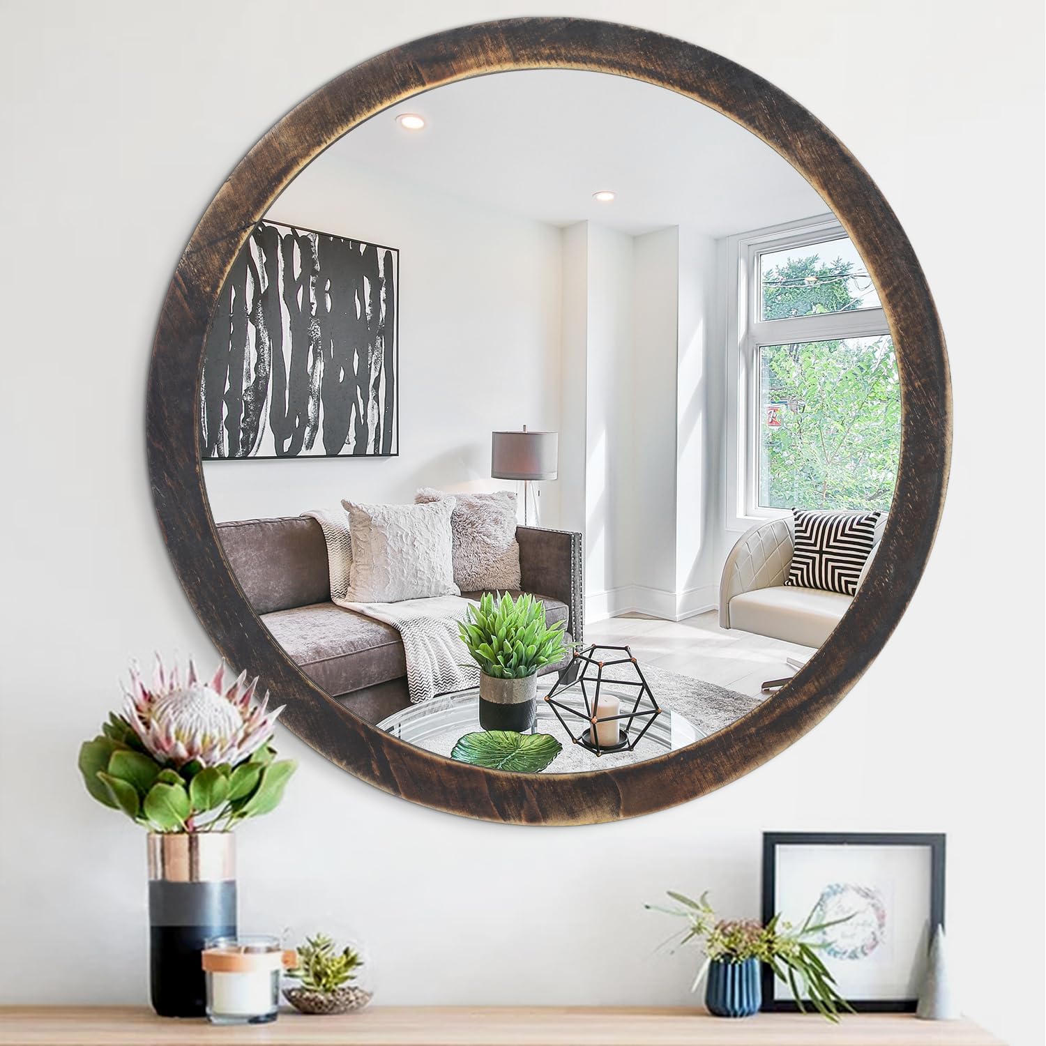 JJUUYOU Circle Wall Mirror 40 CM Wooden Round Mirror for Bathroom ...