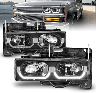 AmeriLite Replacement Halogen Headlights LED Halo Bar For Chevy/GMC Fullsize Truck;SUV - Passenger and Driver Side, Vehicle Light Assembly, Black