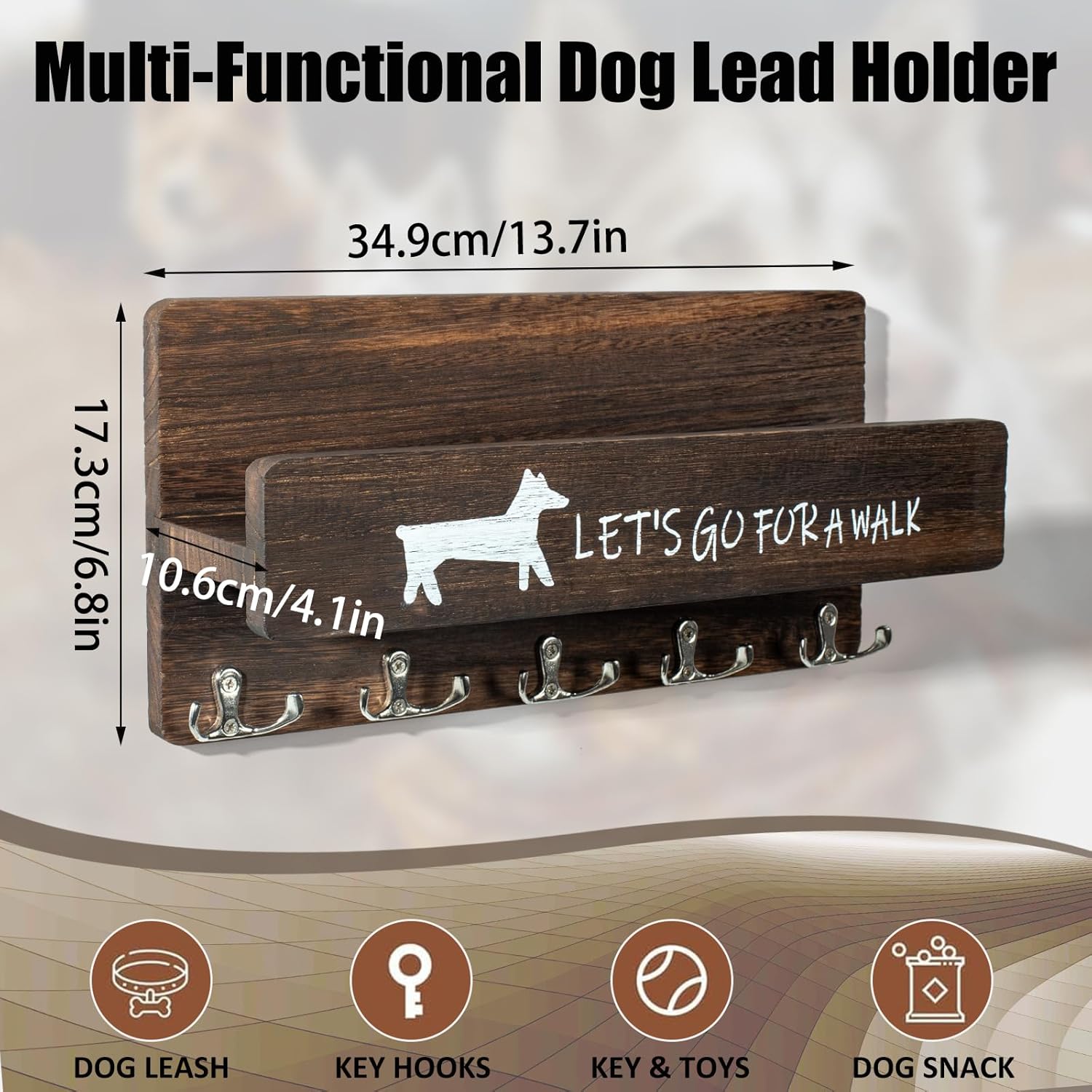 Wood Dog Leash Holder for Wall, Key Hangers with 5 Double Key Hooks, Dog Leash Hanger Wall Mounted for Entryway, Farmhouse Treats,35cm,Brown