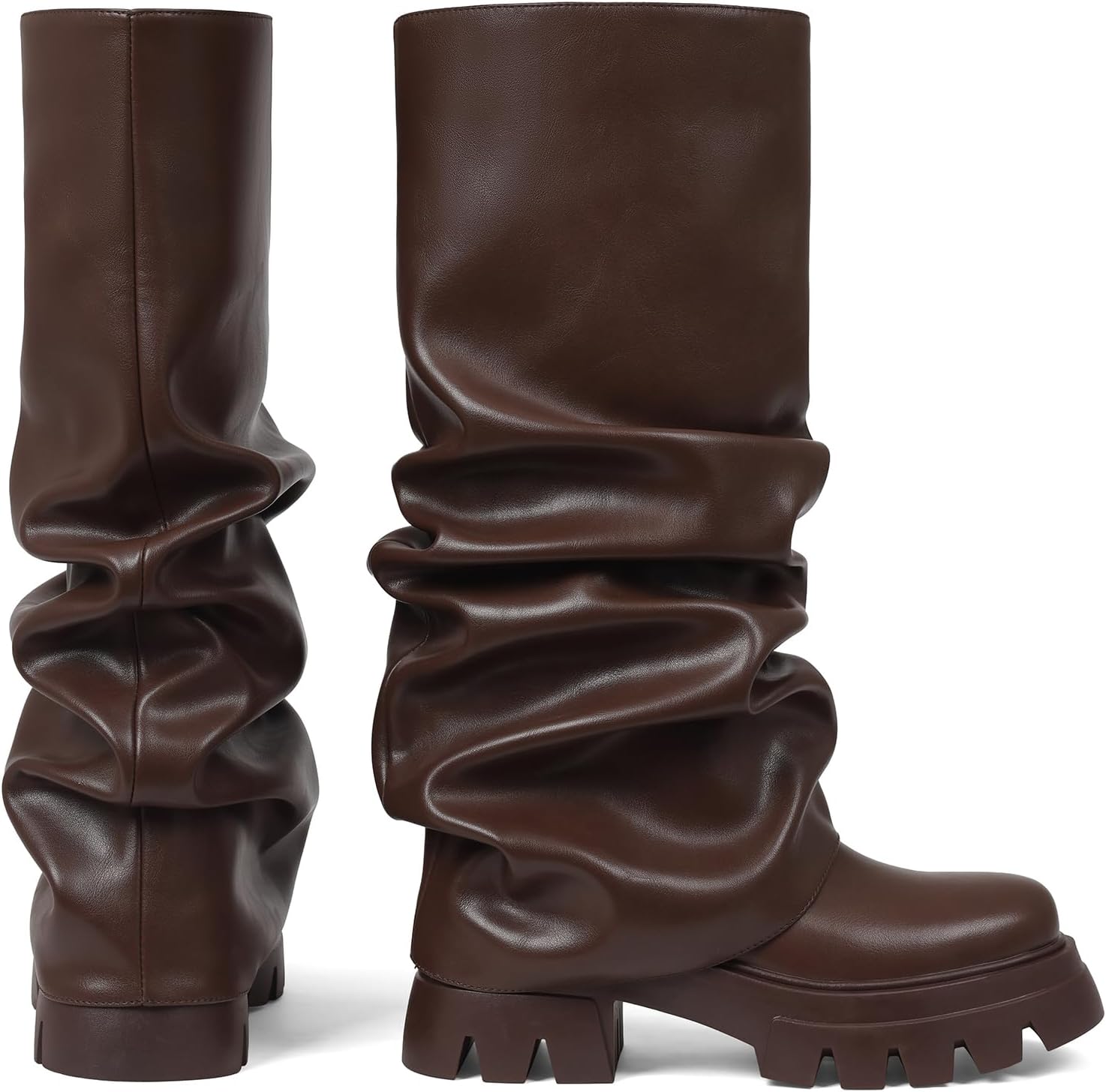VOMIRA Women's Fold Over Boots Slouchy Boots Wide Calf Pleated Platform Boots Glitter Metallic Silver Boots Chunky Stacked Boots Mid Calf Boots