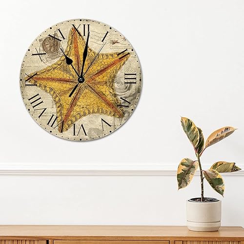 Miniatura 300 de ArogGeld Reloj de pared con diseño de estrella de mar antigua francesa, de cloruro de polivinilo, con números romanos, de 10 pulgadas, funciona