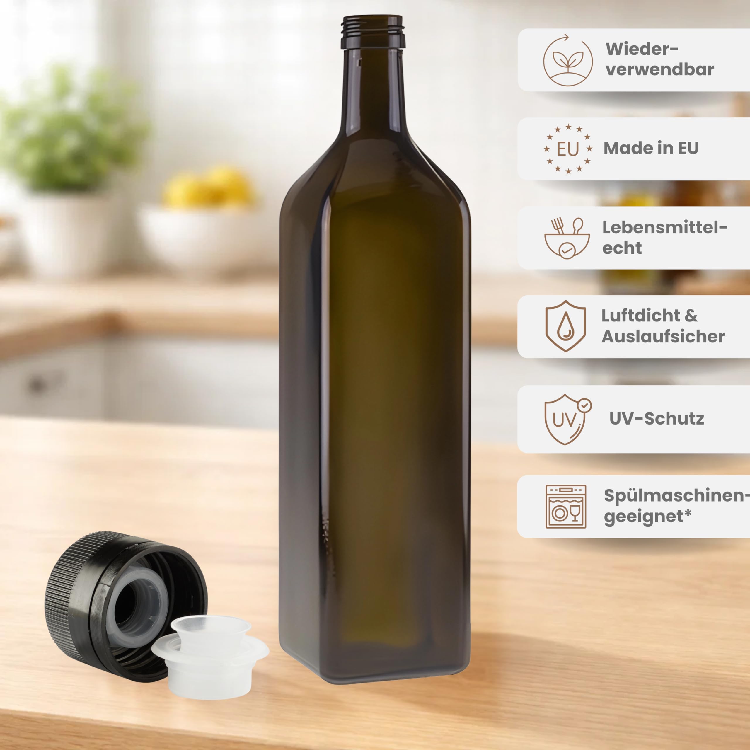 Lot de 4 bouteilles d'huile en verre de 1000 ml avec bec verseur intégré en plastique et étiquettes