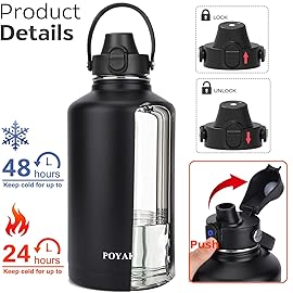 Water Bottle Insulated 32oz 40oz 64oz 128oz Straw Lid Spout Lid & 3 Lids, Leak Proof, Vacuum Insulated,Stainless Steel Water Bottle Wide Mouth for Sports, Gym or Office (64oz Magic Black, 64 oz)