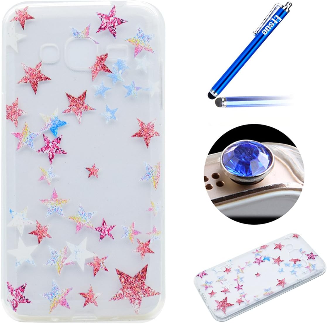 ETSUE Samsung Galaxy J3 2015/2016 Tpu Case, Samsung Galaxy J3 2015/2016 Clear Case, Creative Colorful Pattern Soft Gel Silicone TPU Slim Fit Flexible Rubber Transparent Crystal Clear Case Cover for Samsung Galaxy J3 2015/2016 +Blue Stylus Pen+Bling Glitter Diamond Dust Plug(Colors Random)-Glitter Stars