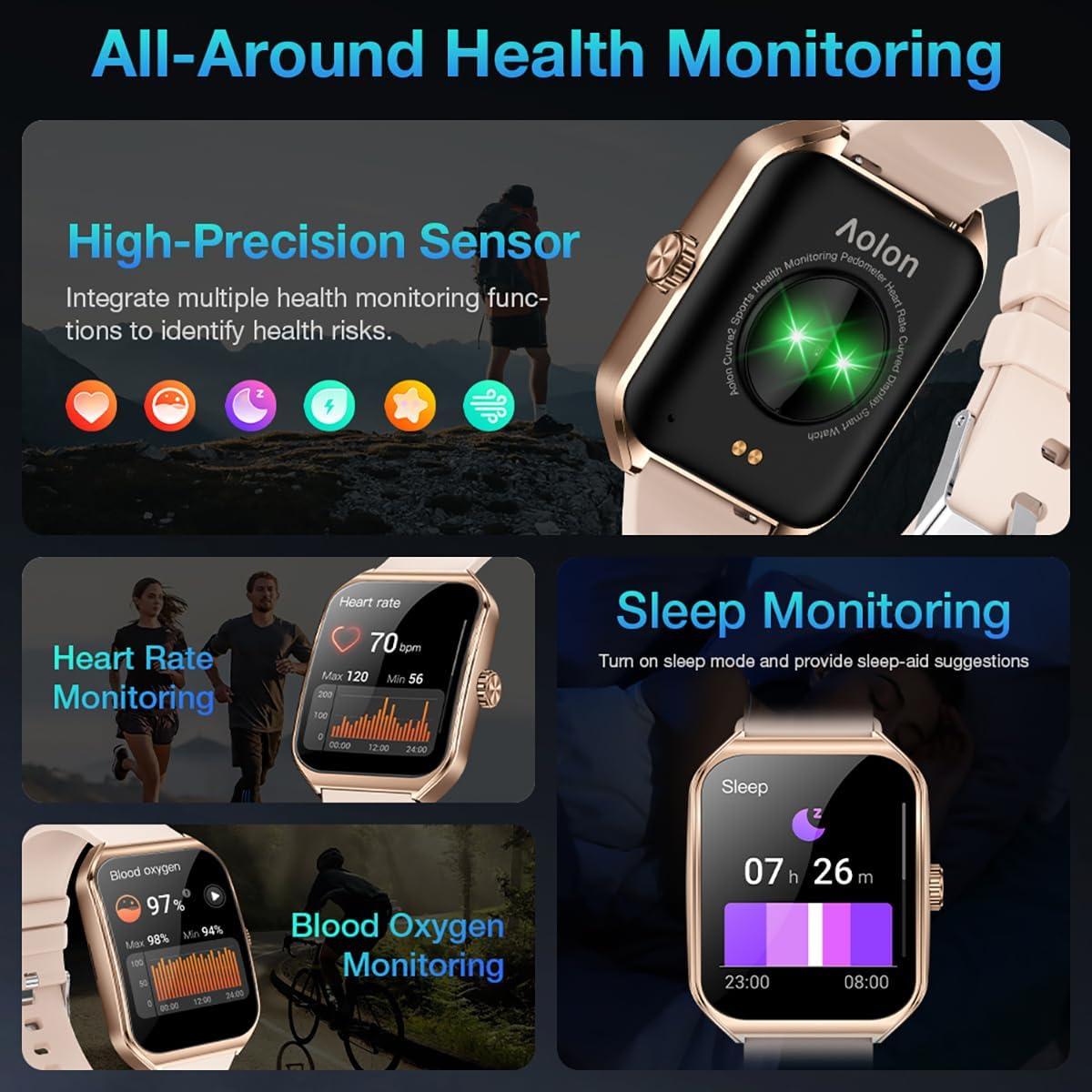 All-around health monitoring features of the AOLON Curve Smart Watch.