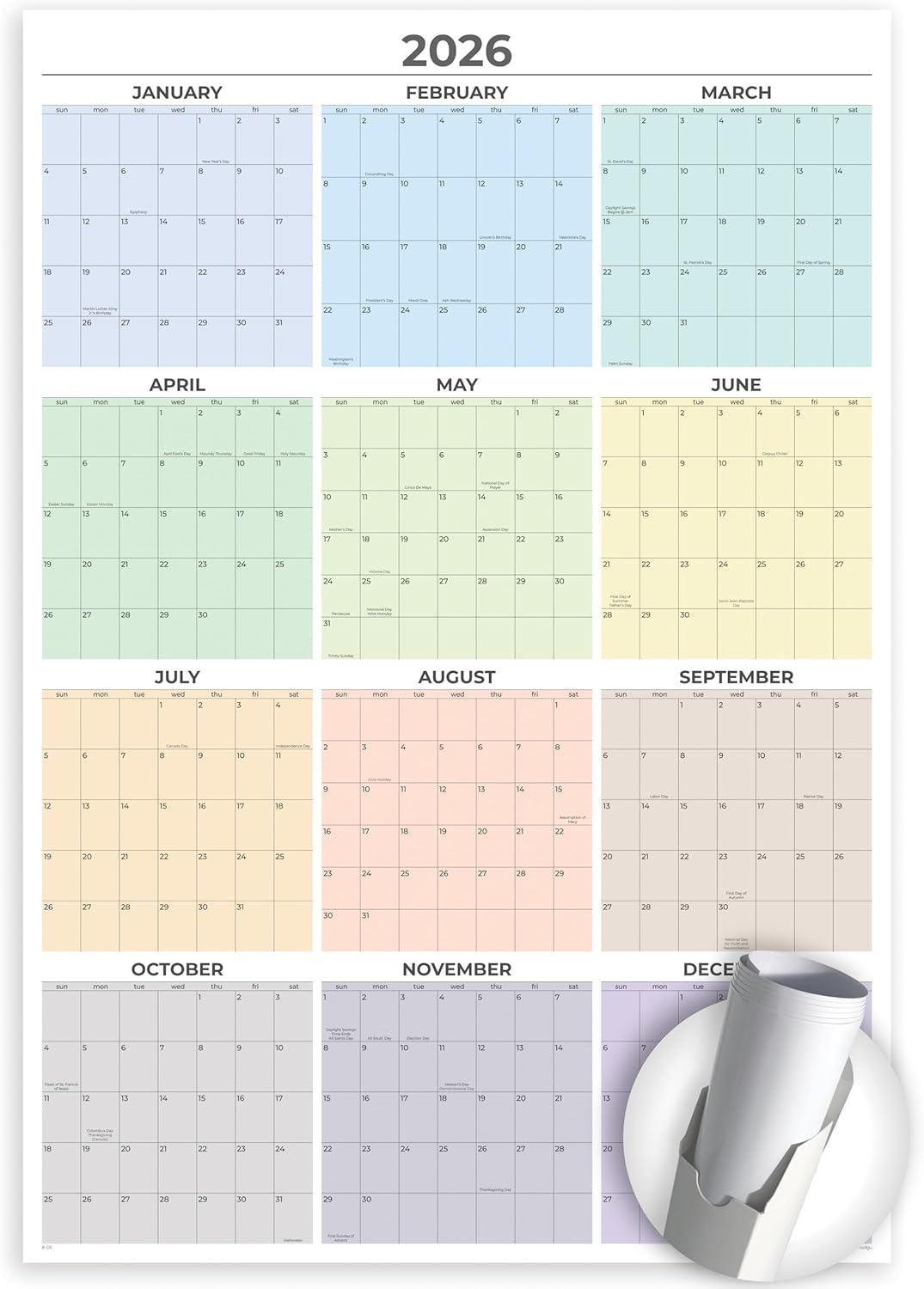 2026 Wall Calendar Large (39 x 27 inches - Rolled) Dry Erase Calendar for Wall, Vertical, Quality Large Print, Gloss Lamination, Pastel Colors Design.