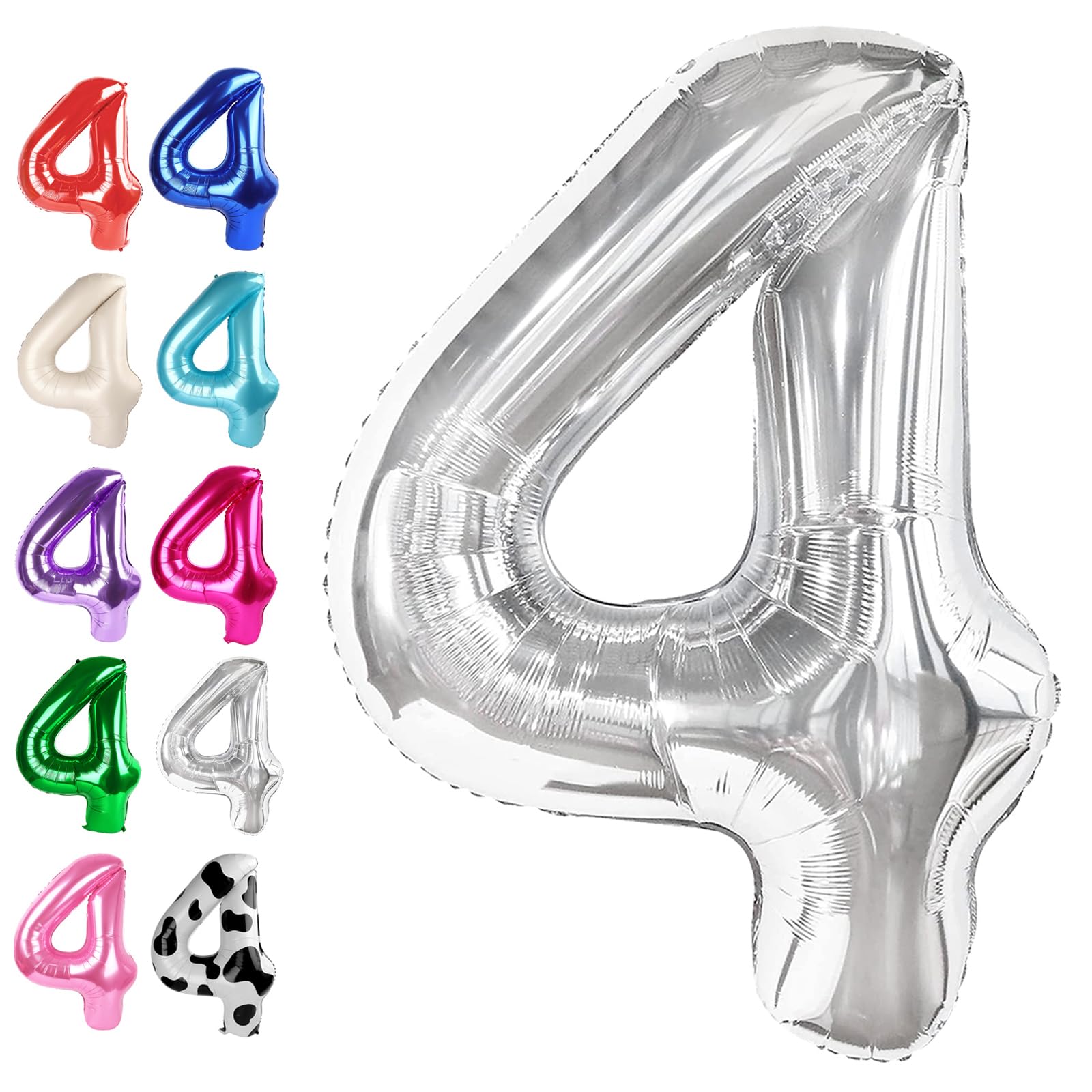 40 Inch Silver Large Number 4 Birthday Balloon, Giant Number Four 14 24 34 40 44 Balloons, Foil Mylar Big Balloons for Anniversary Graduation Supplies