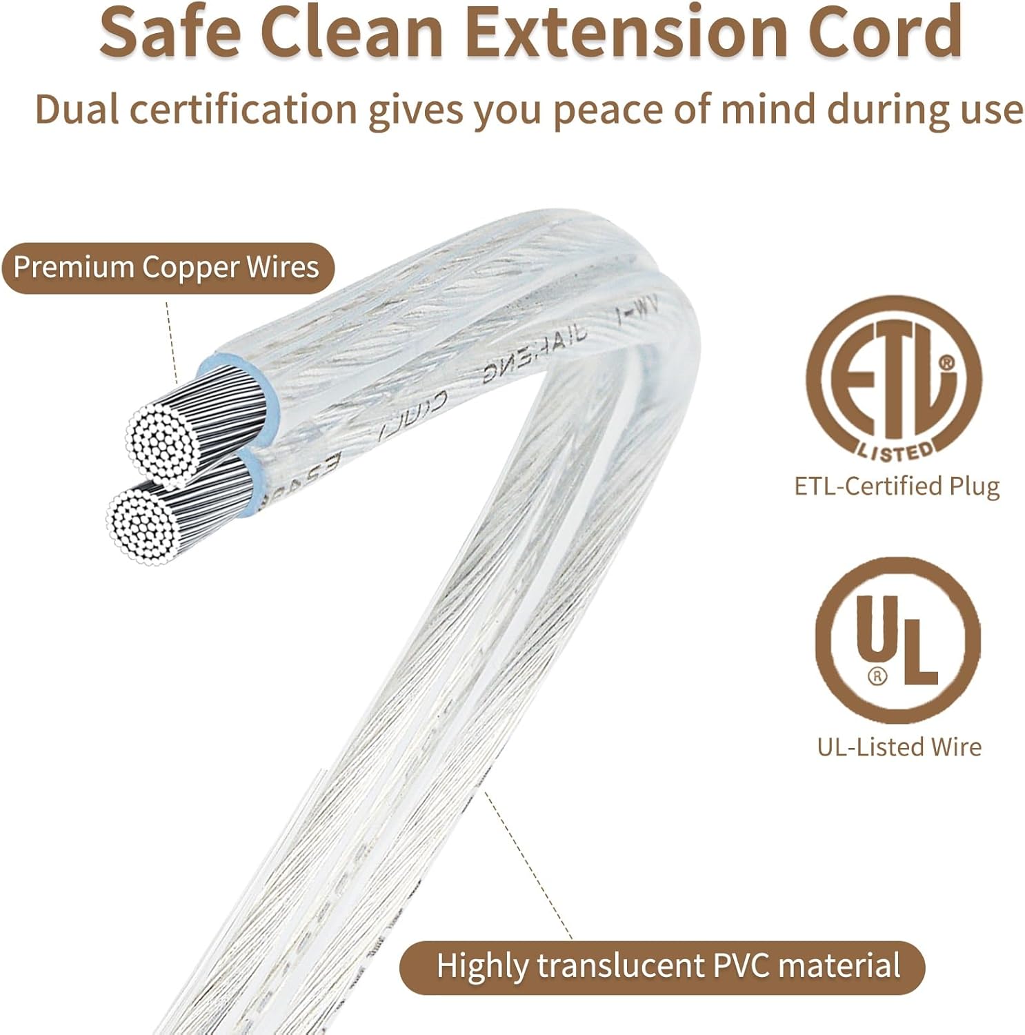 2 Pack 9FT 3 Outlet Clear Extension Cord Indoor Thin, Flat Extension Cord 2 Prong, 3 Polarized Outlets Clear Extension Cords for Light Fixtures, UL-Certified, Home and Office, 7A/125V, 18 AWG