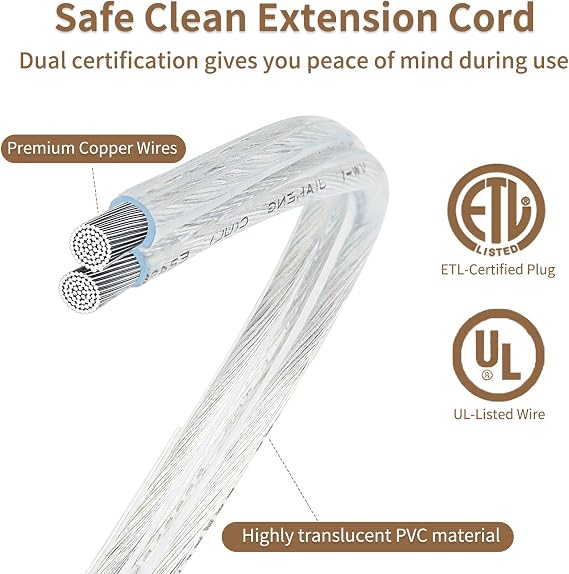 9 Ft Clear Extension Cord Indoor Thin with Foot Switch, 3 Outlets,Flat Plug
