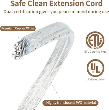 9 Ft Clear Extension Cord Indoor Thin with Foot Switch, 3 Outlets,Flat Plug