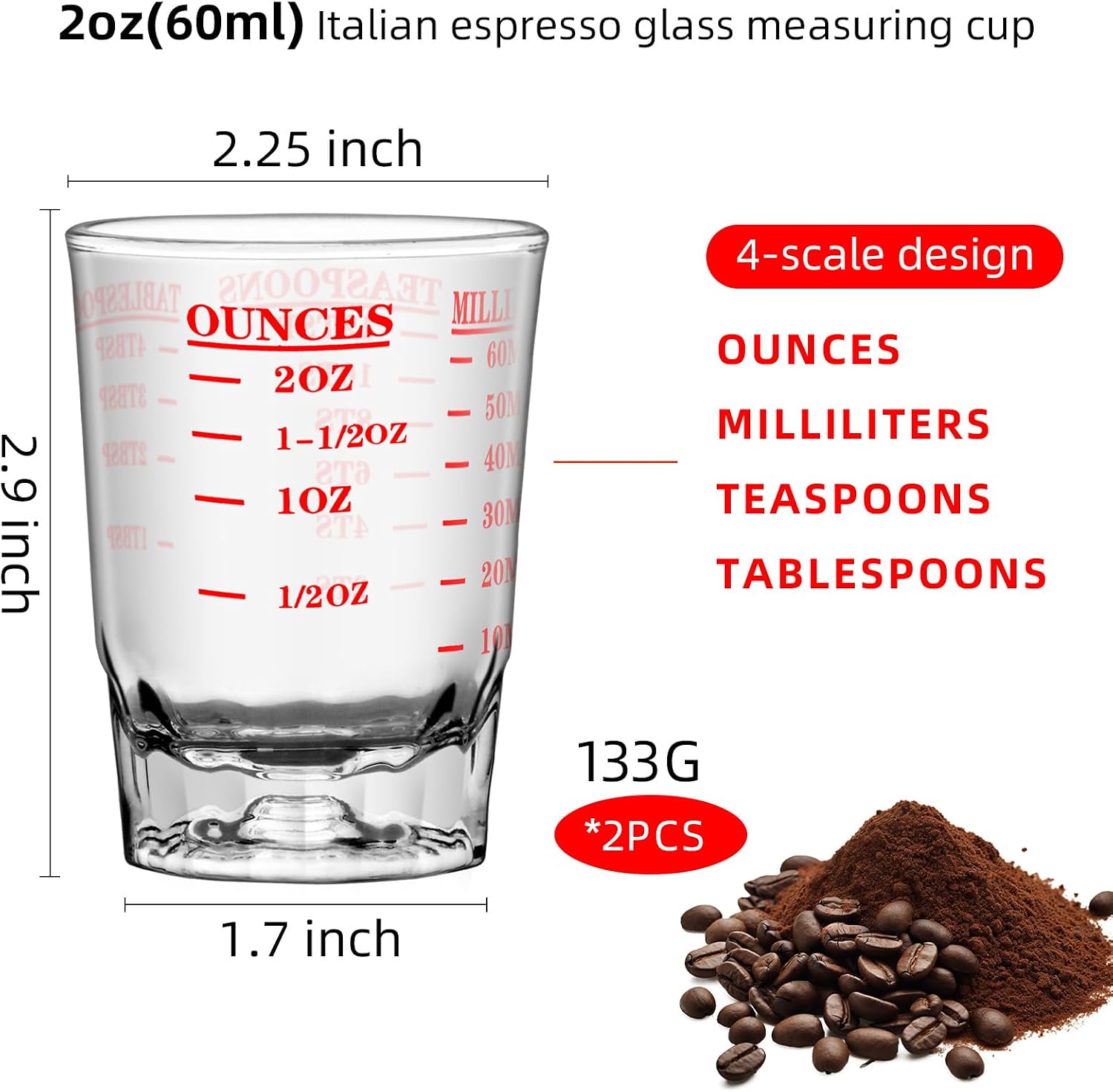 2Pcs 2 OZ 4 Features Shot Glasses Measuring cup Liquid Heavy Glass Wine Glass Espresso Shot -Incremental Measurement Heavy 60ML (2, red)
