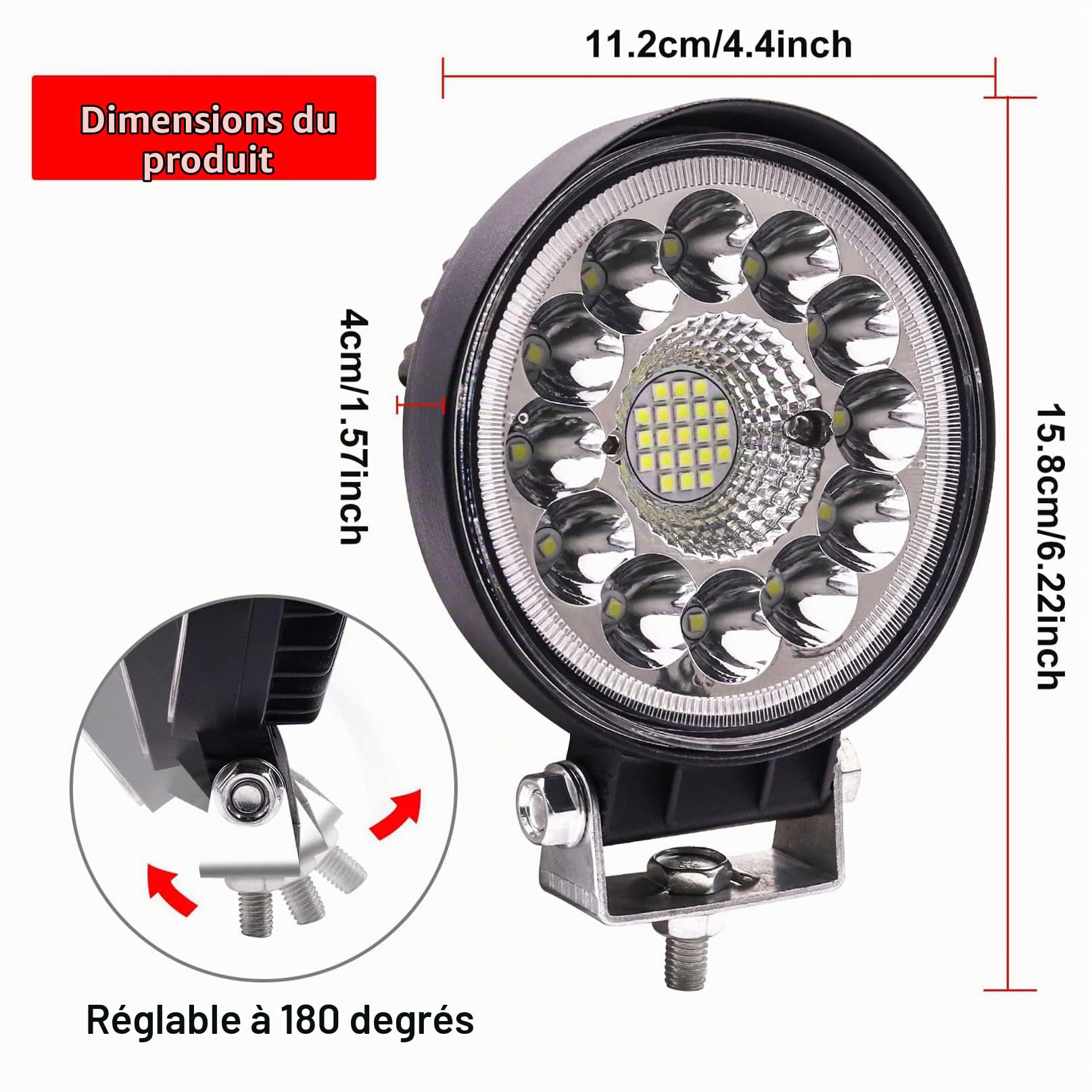 Lot de 2 feux de travail led haute luminosité 99W phare led rond phare auxiliaire - Pour véhicules tout terrain 12/24V, camions, voitures, remorques - 4.4 inch, IP67 waterproof