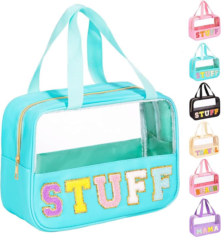 Necessaire de Maquiagem Transparente com Patch de Letras em Chenille eurovicky, Mint Green-STUFF